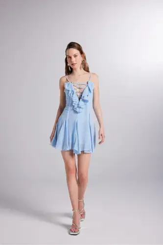 Ruffle Detailed Chiffon Mini Sorrento Dress Blue - 4