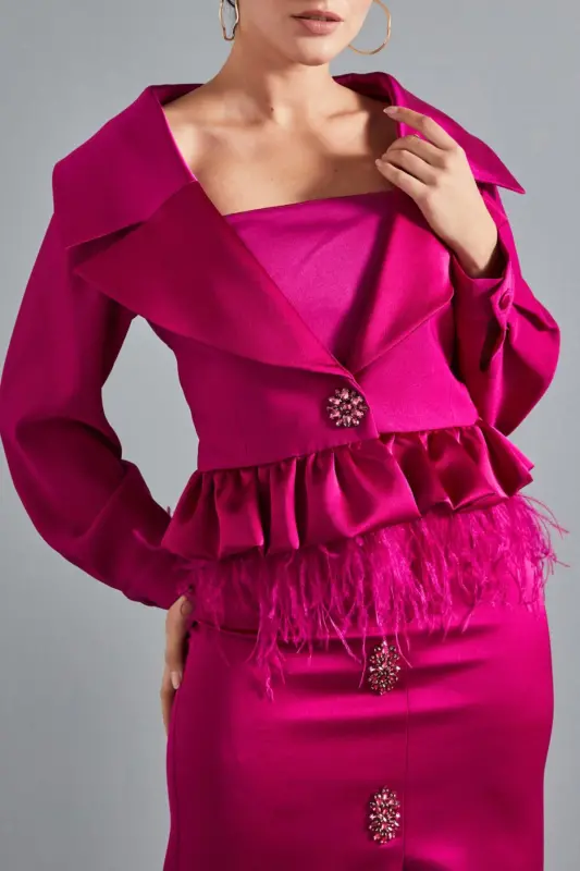 Ruffle Feather Jewel Button Detail Fuchsia Blazer 37158 - 3