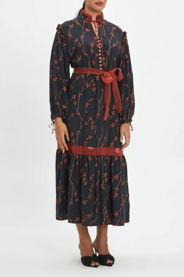 Ruffle Floral Pattern Buttoned Embroidery Detail Midi Length Terracotta Dress 39179 - 1