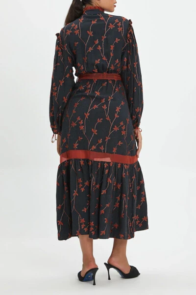 Ruffle Floral Pattern Buttoned Embroidery Detail Midi Length Terracotta Dress 39179 - Modazone (1)