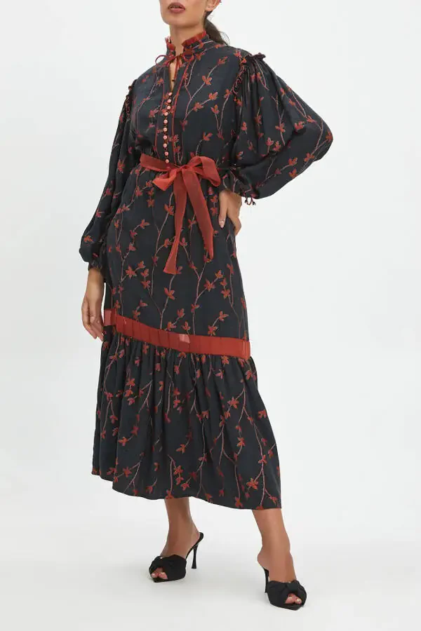 Ruffle Floral Pattern Buttoned Embroidery Detail Midi Length Terracotta Dress 39179 - 4