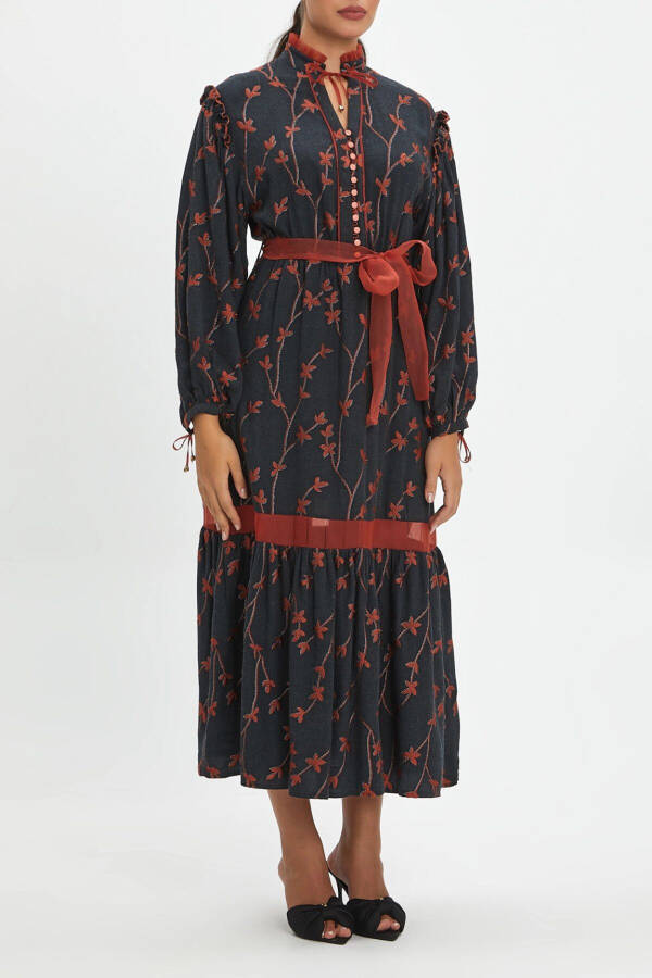 Ruffle Floral Pattern Buttoned Embroidery Detail Midi Length Terracotta Dress 39179 - 1