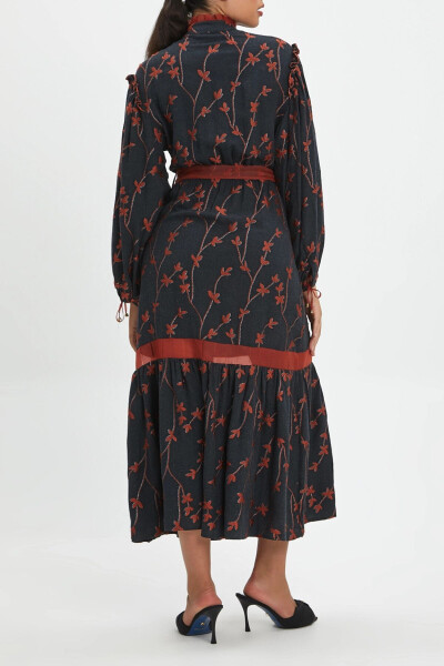 Ruffle Floral Pattern Buttoned Embroidery Detail Midi Length Terracotta Dress 39179 - SERPIL (1)