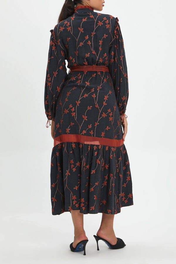 Ruffle Floral Pattern Buttoned Embroidery Detail Midi Length Terracotta Dress 39179 - 2