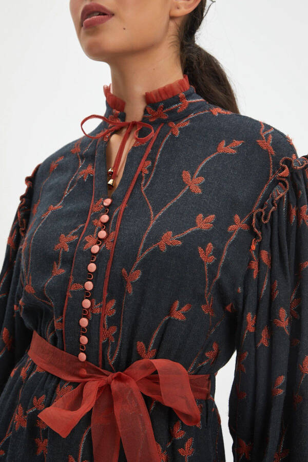 Ruffle Floral Pattern Buttoned Embroidery Detail Midi Length Terracotta Dress 39179 - 3