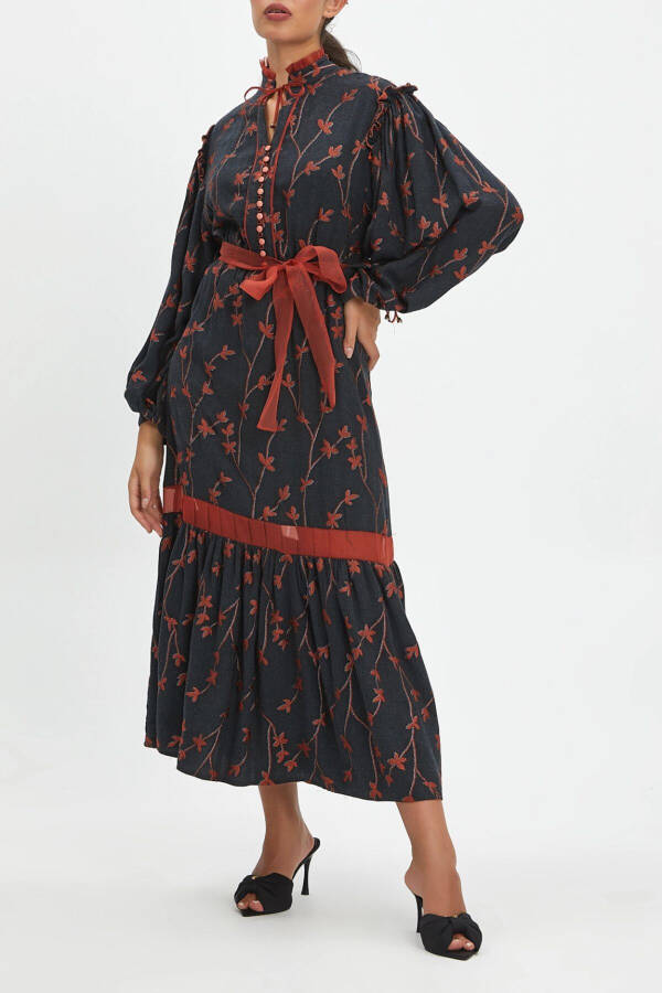 Ruffle Floral Pattern Buttoned Embroidery Detail Midi Length Terracotta Dress 39179 - 4