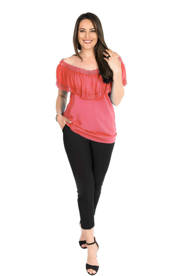 Ruffle Lace Collar Plus Size Blouse Coral - 1