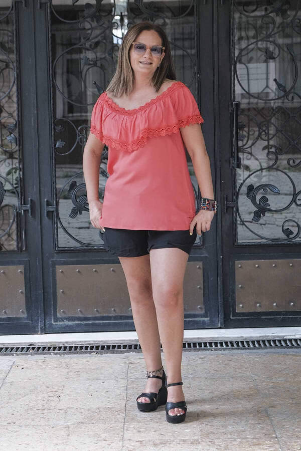 Ruffle Lace Collar Plus Size Blouse Coral - 3