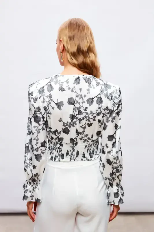 Ruffle Sleeve Satin Blouse - BLACK - 7