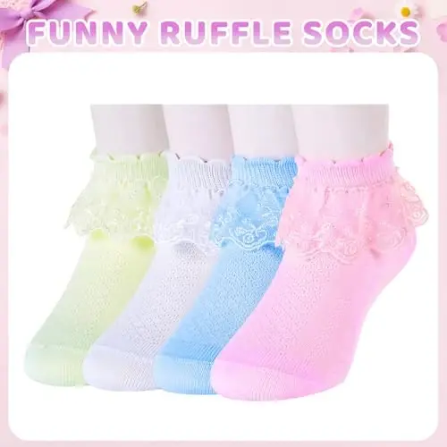 Ruffle Socks - Frilly Lace Gifts, Lace Socks for Newborn Infant Toddler Kids Girl - 6