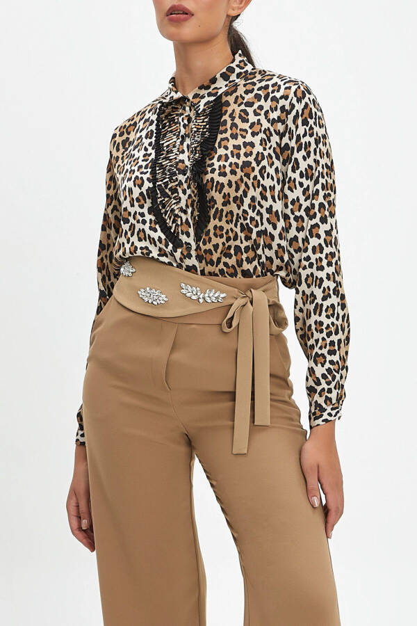 Ruffled Button-Up Long Sleeve Leopard Pattern Shirt 39088 - 4
