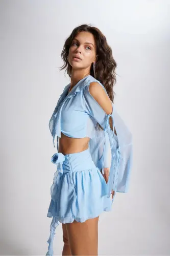 Ruffled Chiffon Carmen Blouse Blue - 6