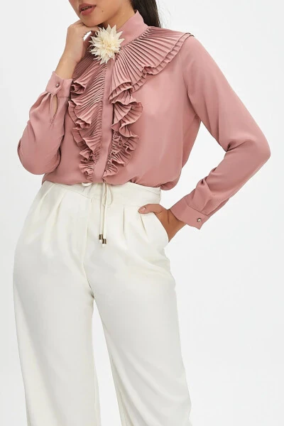 Ruffled Collar and Flower Brooch Buttoned Powder Shirt 40256 - 3