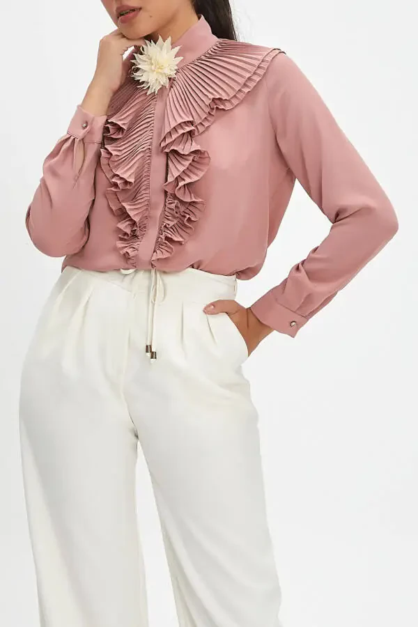 Ruffled Collar and Flower Brooch Buttoned Powder Shirt 40256 - 3
