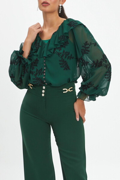 Ruffled Collar Buttoned Front Embroidered Sleeve End Ruffle Green Black Shirt 37333 - SERPİL (1)