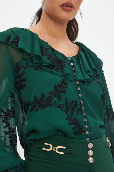 Ruffled Collar Buttoned Front Embroidered Sleeve End Ruffle Green Black Shirt 37333 - 3