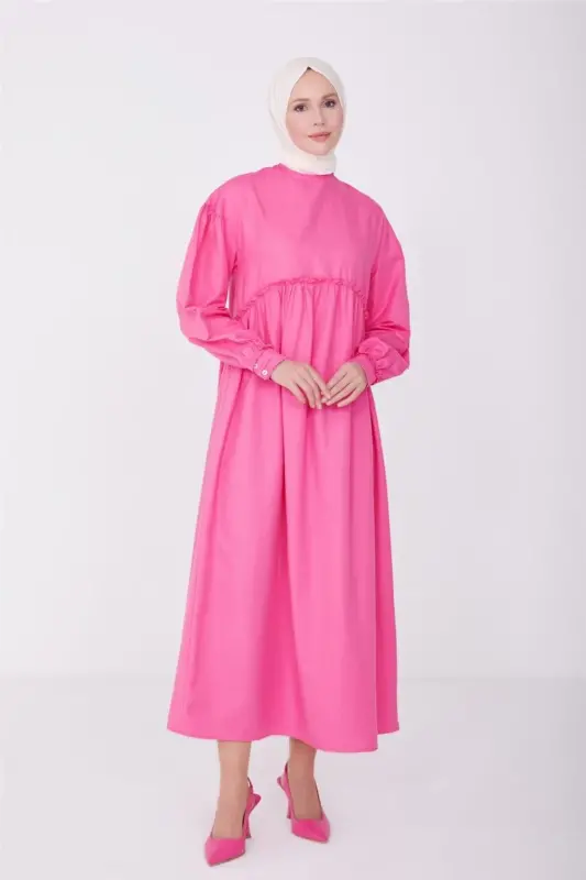Ruffled Cotton Dress with Waist and Sleeves 23y9651 Candy Pink-PINK - 1