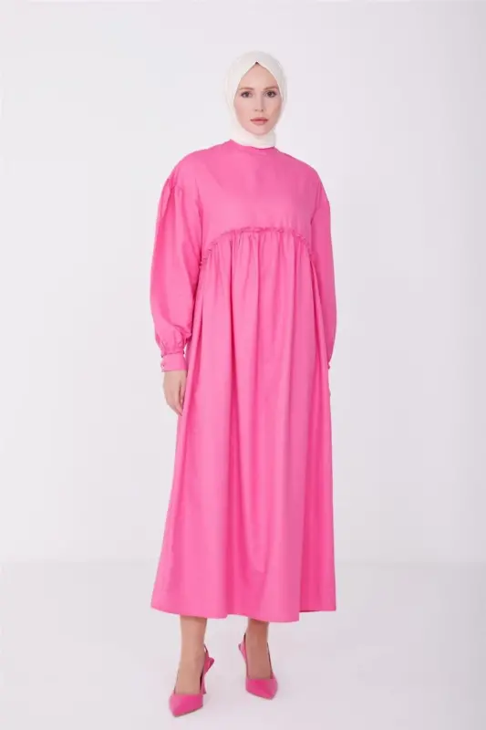 Ruffled Cotton Dress with Waist and Sleeves 23y9651 Candy Pink-PINK - 2