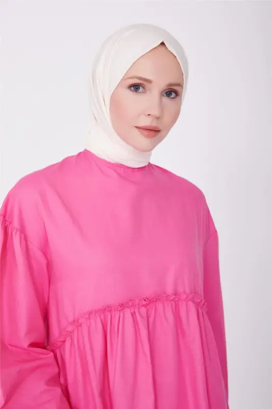 Ruffled Cotton Dress with Waist and Sleeves 23y9651 Candy Pink-PINK - 4