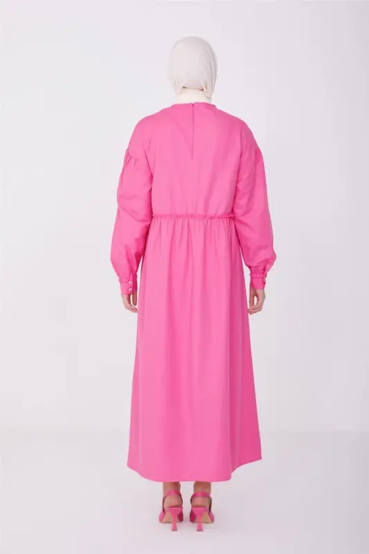 Ruffled Cotton Dress with Waist and Sleeves 23y9651 Candy Pink-PINK - 5