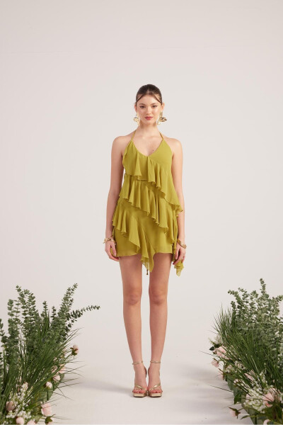 Ruffled Detail Chiffon Fabric Mini Ulya Dress Green 