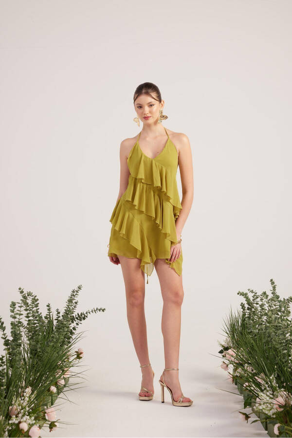 Ruffled Detail Chiffon Fabric Mini Ulya Dress Green - 3