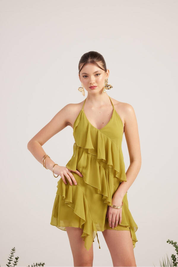 Ruffled Detail Chiffon Fabric Mini Ulya Dress Green - 4