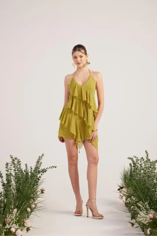 Ruffled Detail Chiffon Fabric Mini Ulya Dress Green - 4
