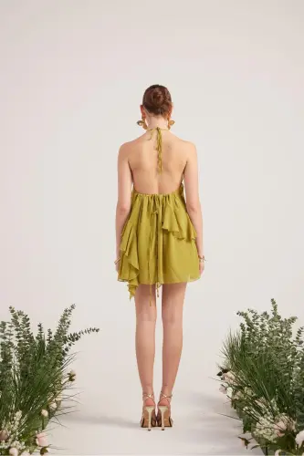 Ruffled Detail Chiffon Fabric Mini Ulya Dress Green - 6