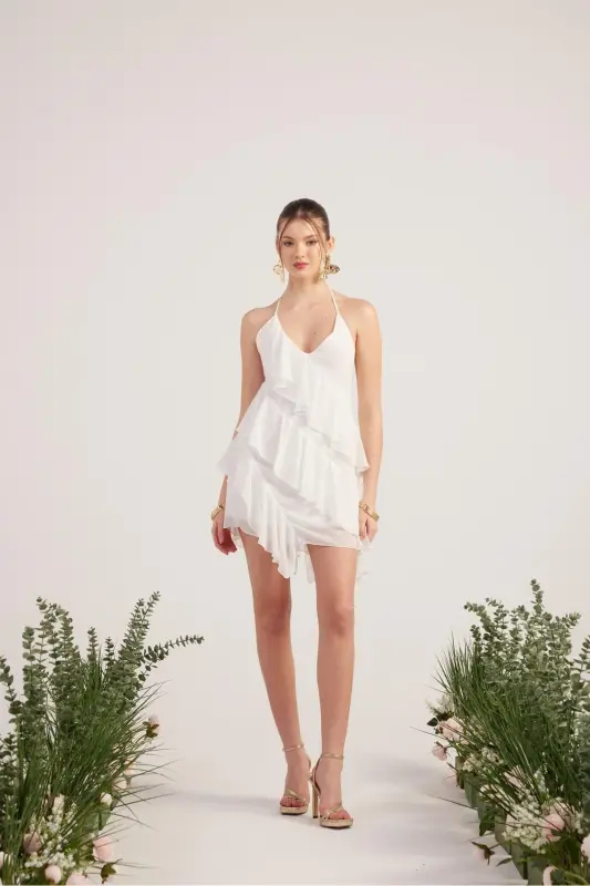 Ruffled Detail Chiffon Fabric Mini Ulya Dress White - 2