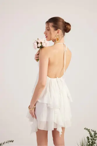 Ruffled Detail Chiffon Fabric Mini Ulya Dress White - 3