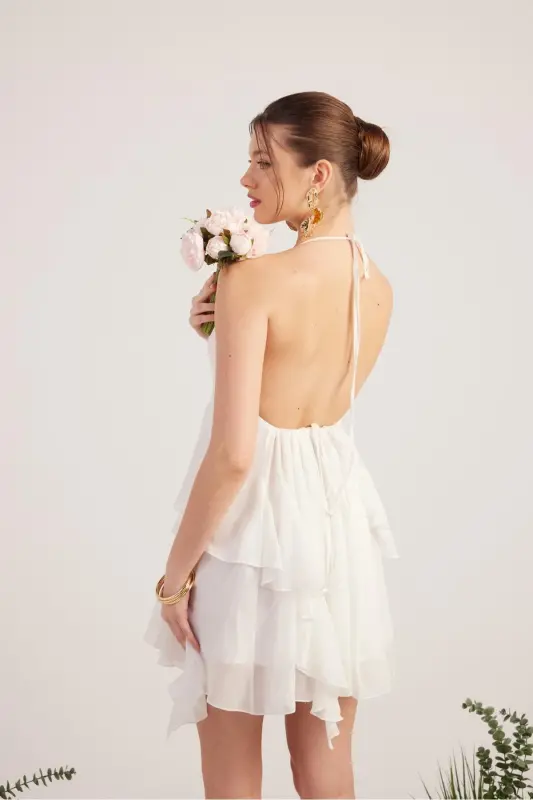 Ruffled Detail Chiffon Fabric Mini Ulya Dress White - 3