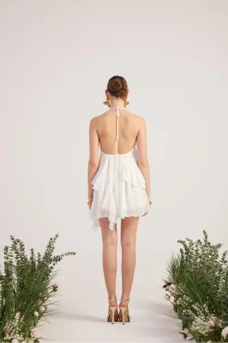Ruffled Detail Chiffon Fabric Mini Ulya Dress White - 6