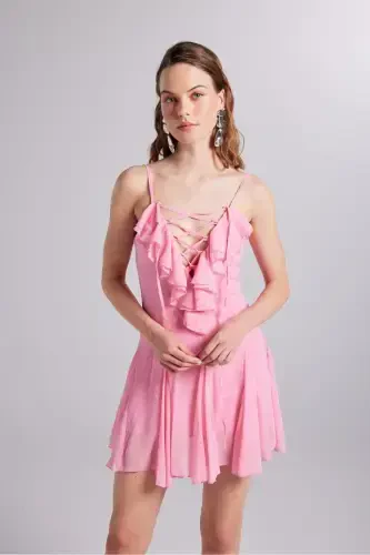 Ruffled Detail Chiffon Mini Sorento Dress Pink-Pink - HOLLY LOLLY (1)