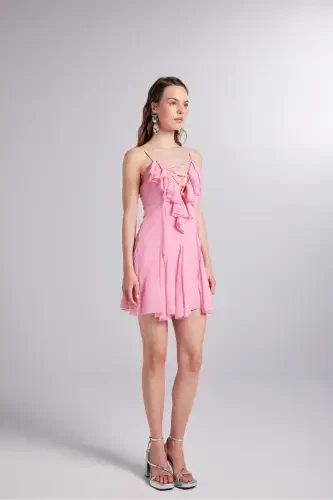 Ruffled Detail Chiffon Mini Sorento Dress Pink-Pink - 4