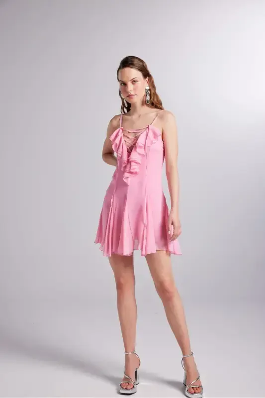 Ruffled Detail Chiffon Mini Sorento Dress Pink-Pink - 5