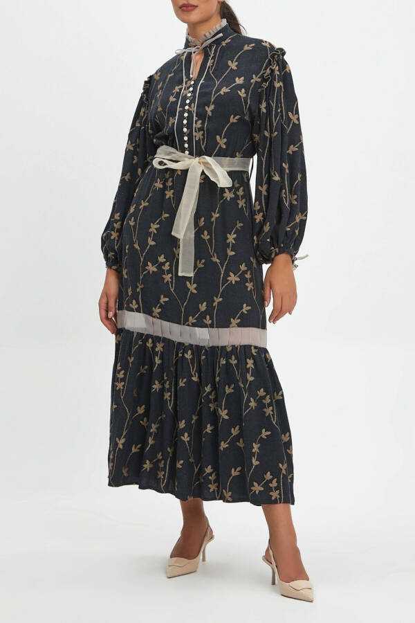 Ruffled Floral Print Button-Down Embroidered Detail Midi Dress 39179 - 4