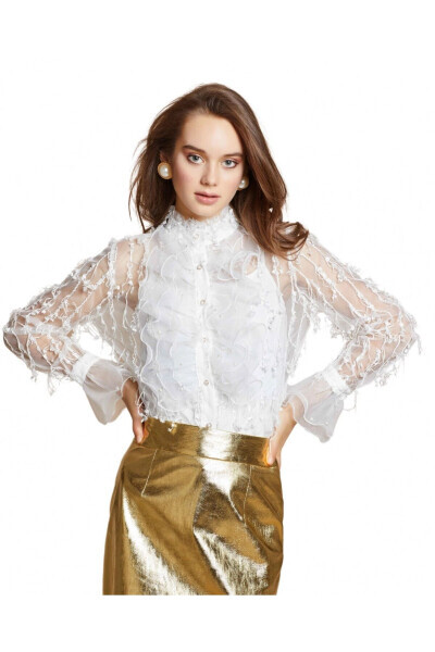 Ruffled Sheer Lace Ecru Shirt 30640 - 3