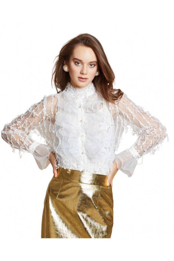 Ruffled Sheer Lace Ecru Shirt 30640 - 3