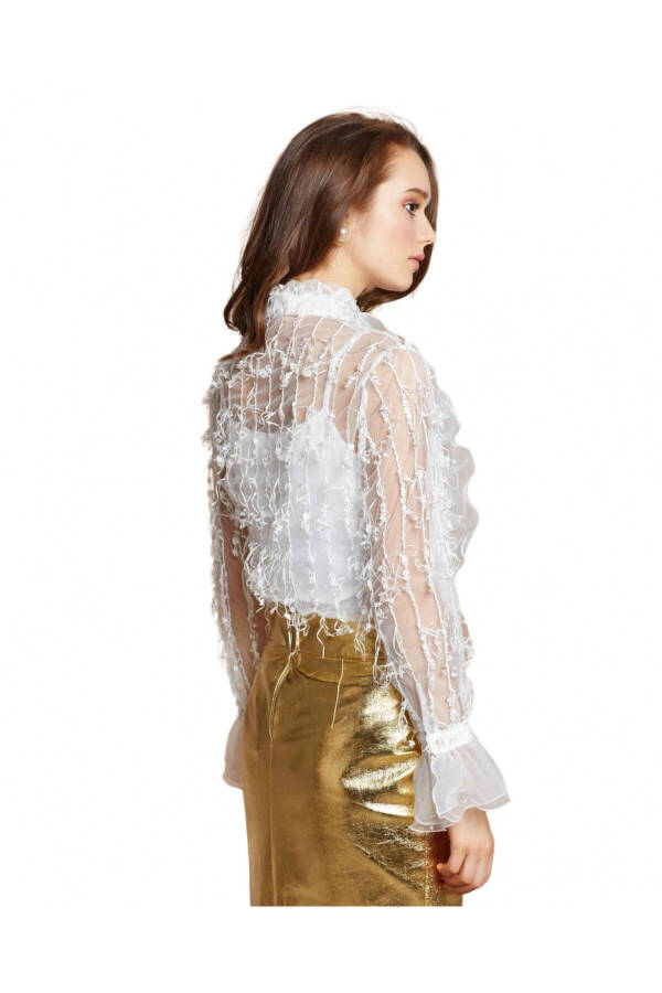 Ruffled Sheer Lace Ecru Shirt 30640 - 4