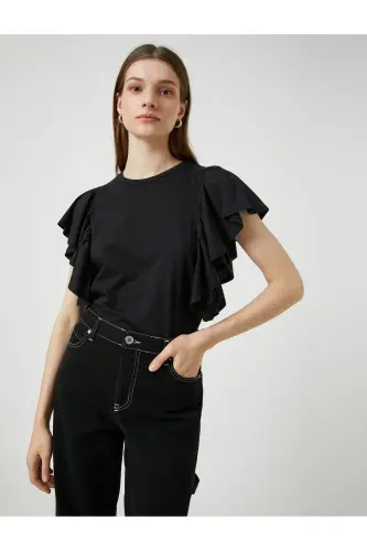 Ruffled Sleeve T-shirt Crew Neck-Black - 1