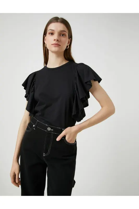 Ruffled Sleeve T-shirt Crew Neck-Black - Koton