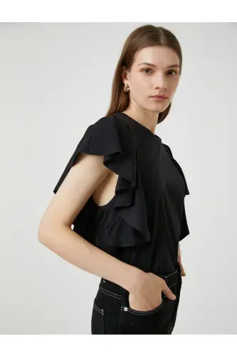 Ruffled Sleeve T-shirt Crew Neck-Black - 2
