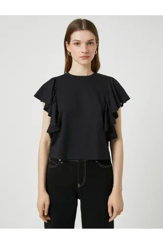 Ruffled Sleeve T-shirt Crew Neck-Black - 3