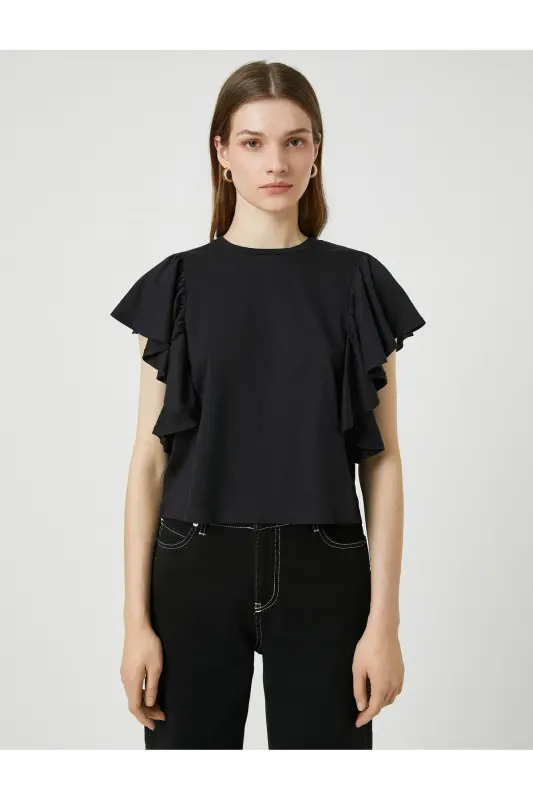 Ruffled Sleeve T-shirt Crew Neck-Black - 3
