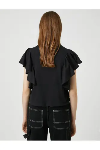 Ruffled Sleeve T-shirt Crew Neck-Black - 4