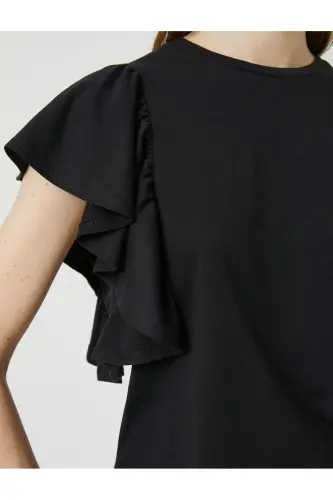 Ruffled Sleeve T-shirt Crew Neck-Black - 5
