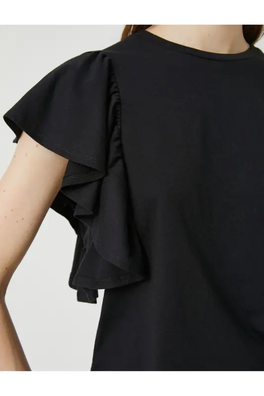 Ruffled Sleeve T-shirt Crew Neck-Black - 5