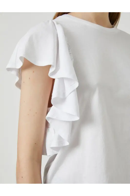 Ruffled Sleeve T-Shirt Crew Neck-Ecru - Koton