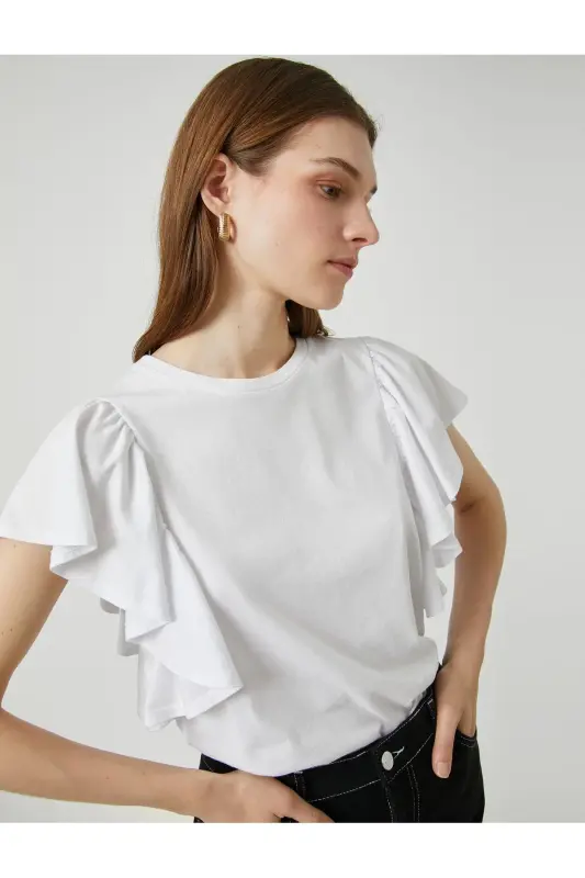 Ruffled Sleeve T-Shirt Crew Neck-Ecru - 2